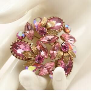 Vintage Regency Pink Rhinestone AB Floral Spray Brooch Gold Tone Leaves